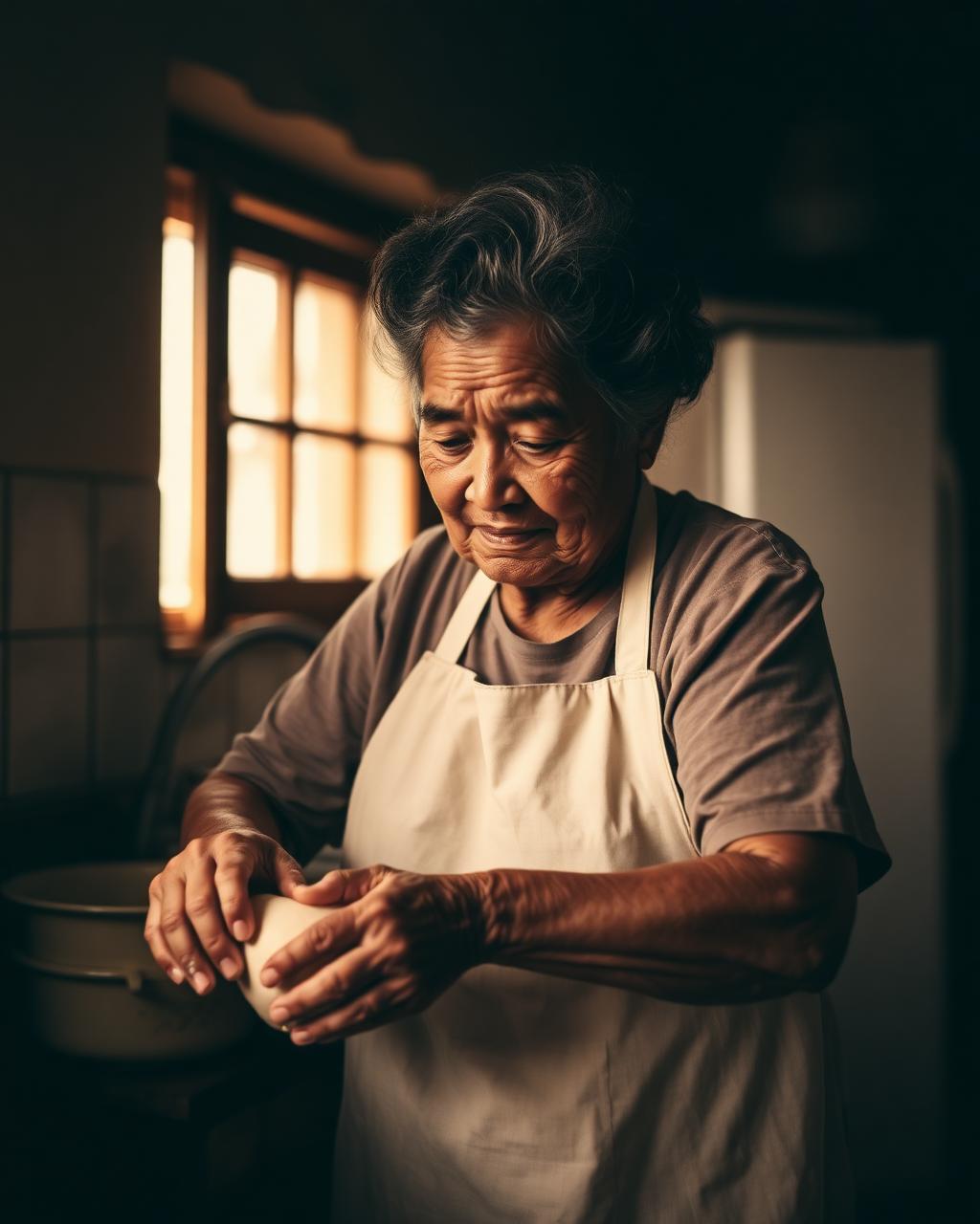 Cocinera latina trabajando con masa en cocina con luz natural