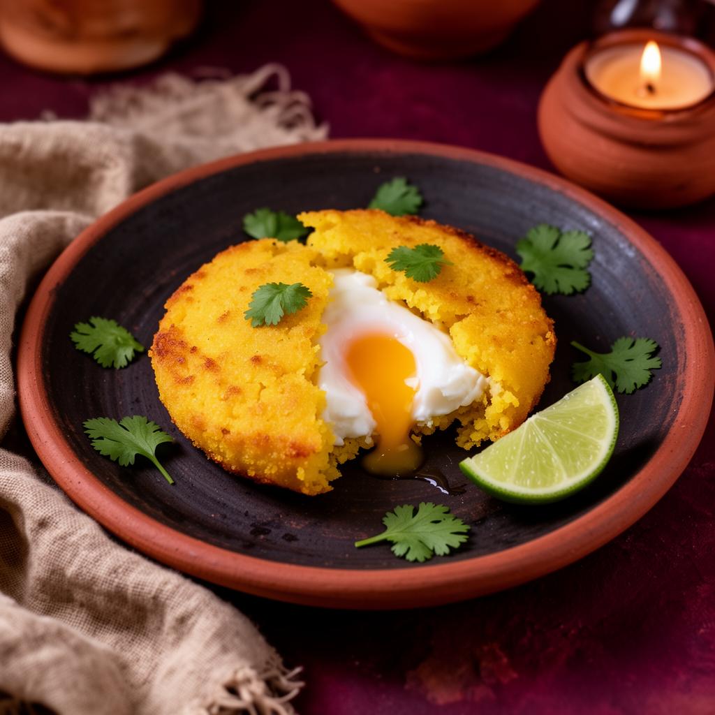 Arepa de huevo cartagenera servida en plato de barro